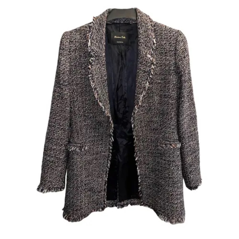 Massimo Dutti Classic Tweed Jacket Coat with Fringe in Navy Brown. Sz12
